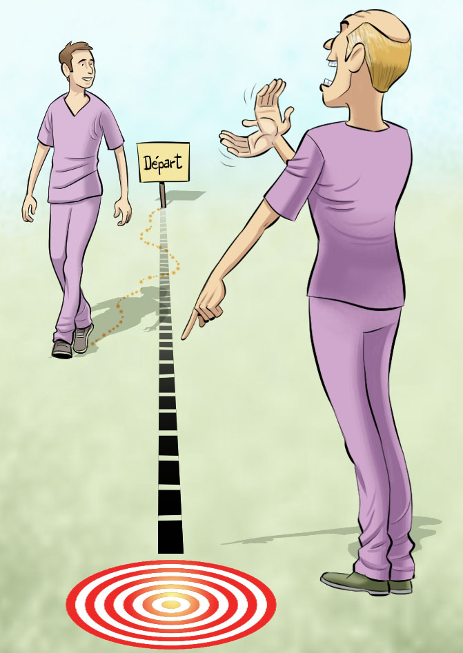 Un superviseur guide un stagiaire qui marche à côté d’une ligne pointillé menant à une cible.
